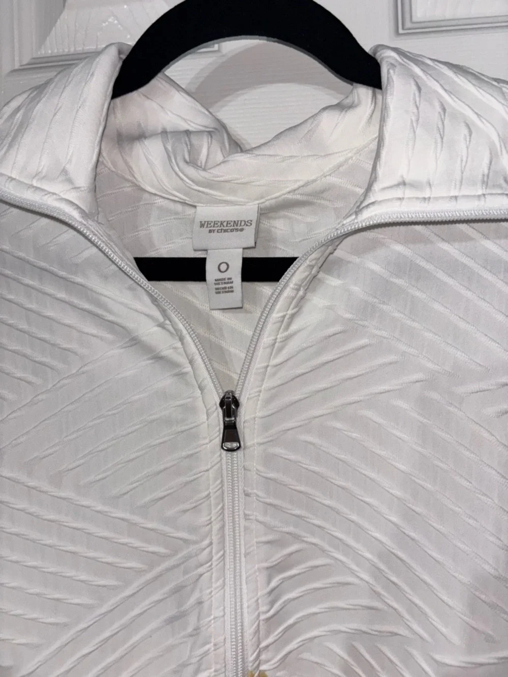 Chico's White Zip-Front Jacket with Navy & Yellow Floral Border - Picture 3 of 5